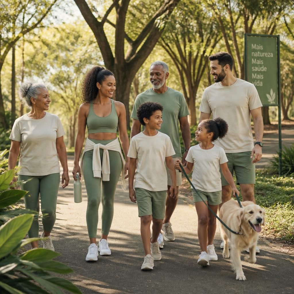 Família ativa caminhando em um parque ao ar livre